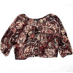Almost Famous Paisley‎ Blouse Womens Medium M Burgundy Boho Smocked Peasant Top